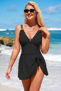 Charmo Women's Tummy Control Swimdress V Neck Scalloped Tie Back Cut Out Bathing Suit with Skirt
