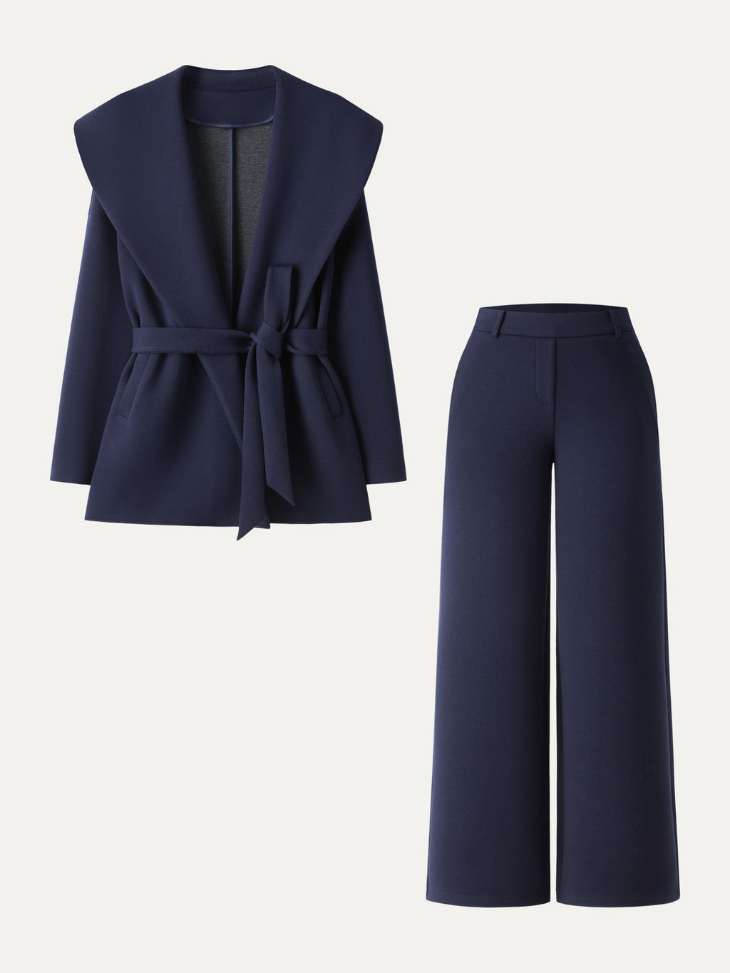 2Pcs Set Belted Shawl Collar Robe Jacket & Mid Rise Straight Pants with Pockets