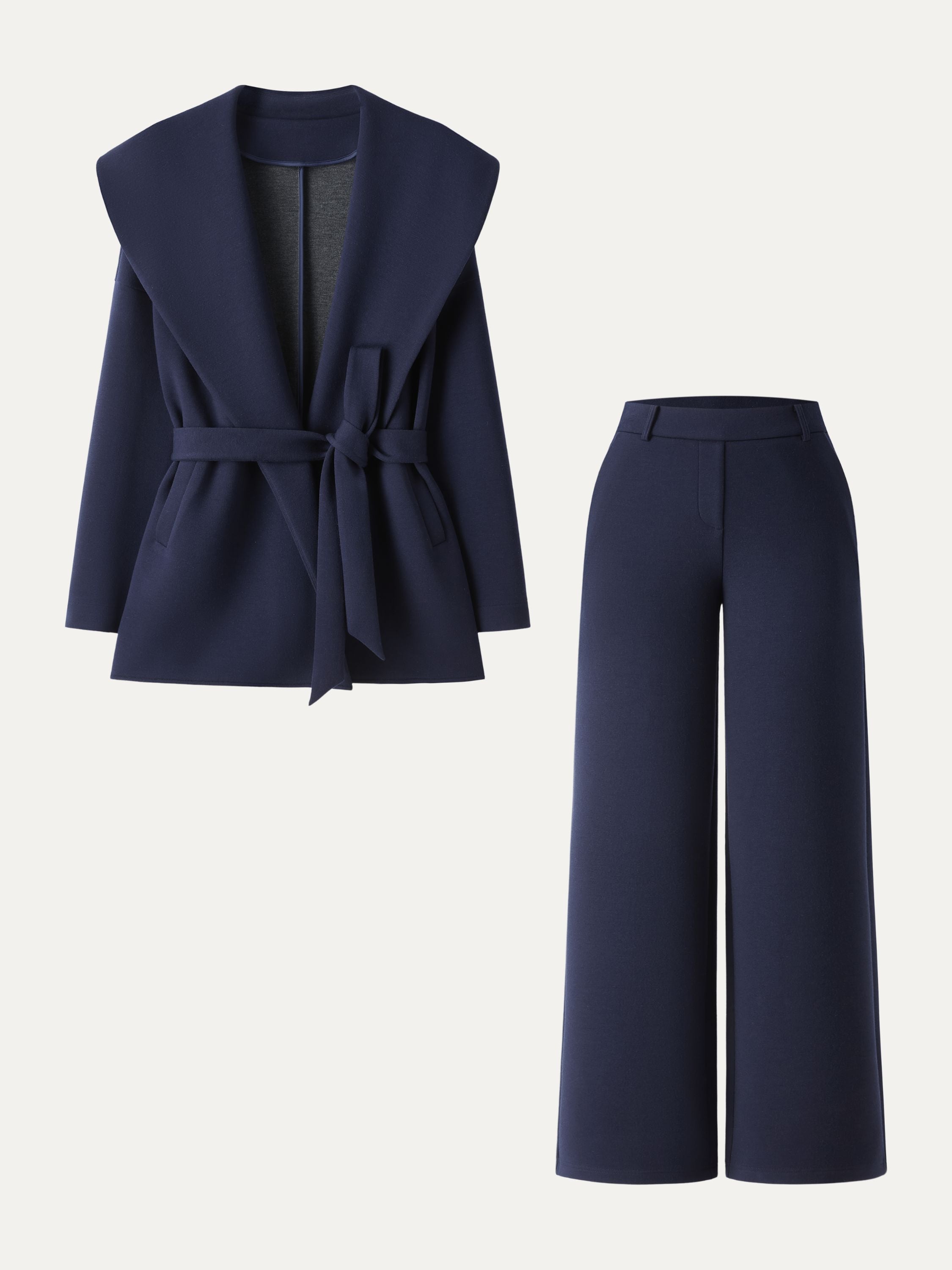 2Pcs Set Belted Shawl Collar Robe Jacket & Mid Rise Straight Pants with Pockets