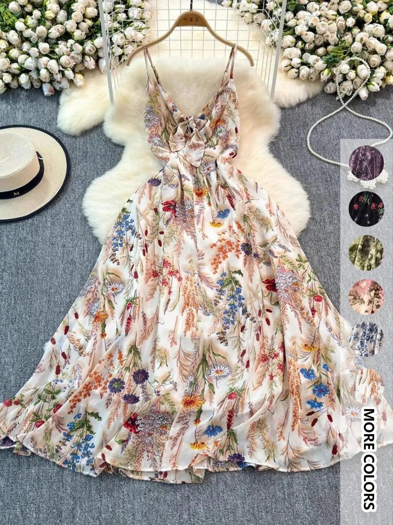 Chicbeautyy Women's Boho Style Floral-Print Spaghetti Strap Cami Dress