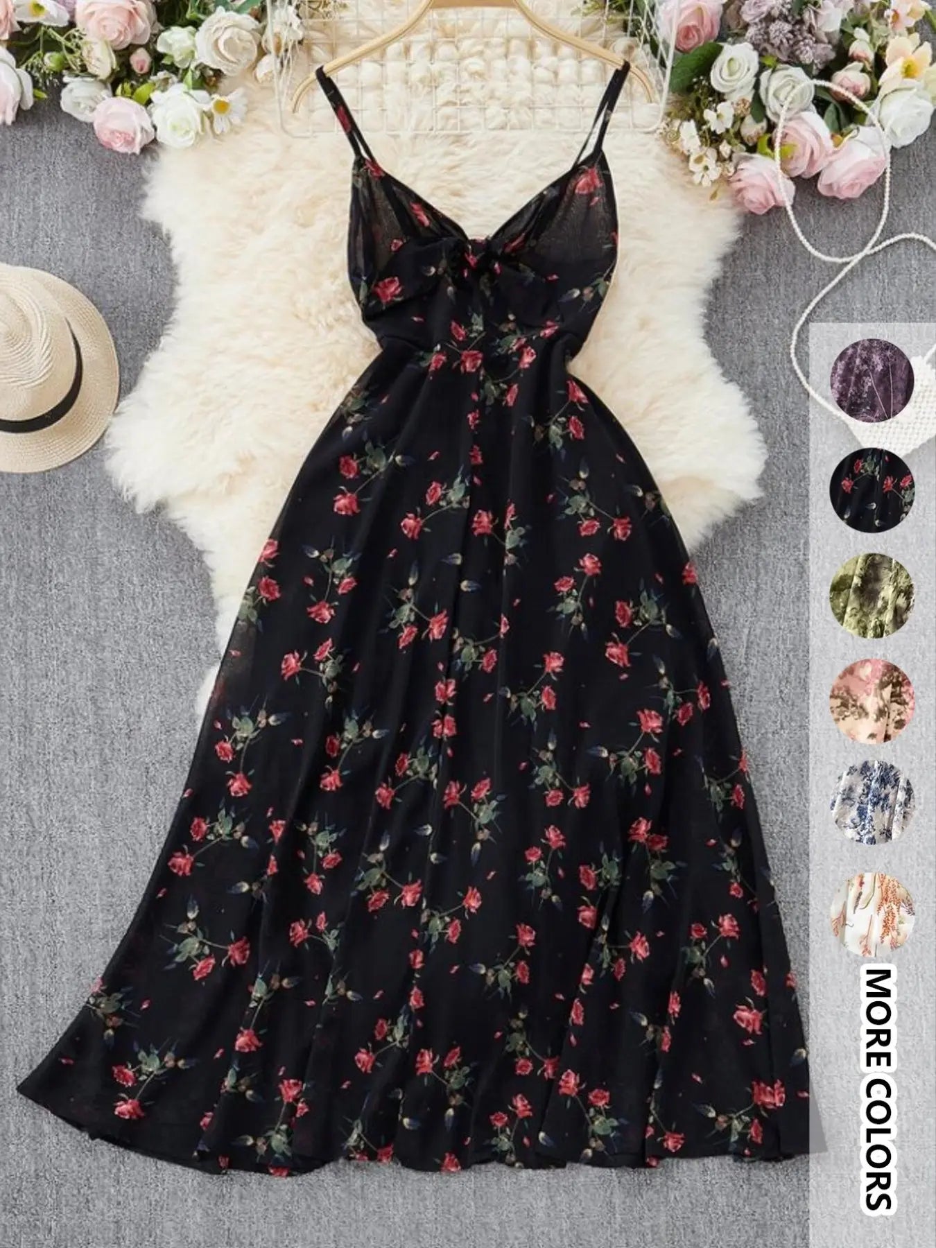Chicbeautyy Women's Boho Style Floral-Print Spaghetti Strap Cami Dress