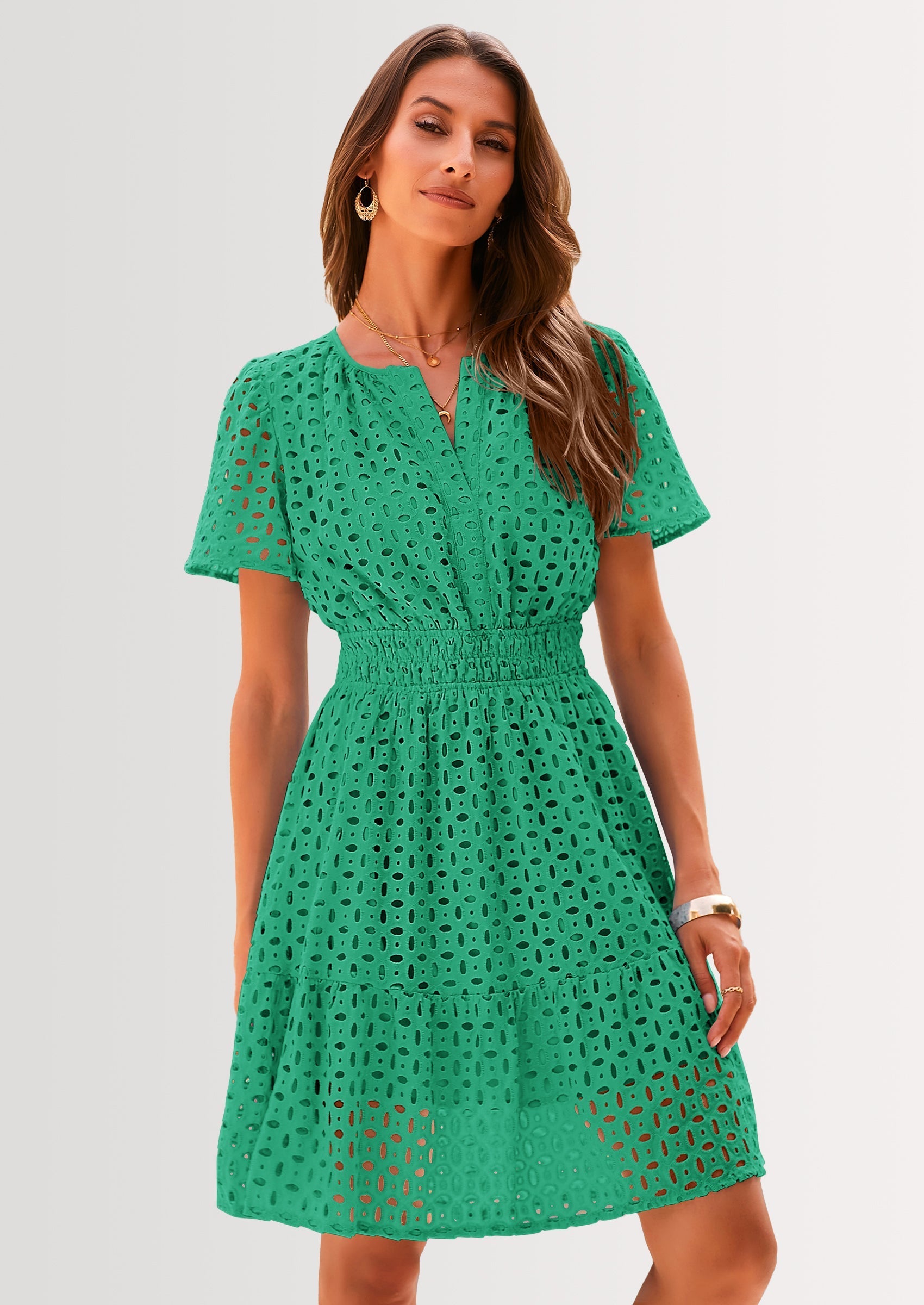 PRETTYGARDEN Women Summer Short Dress V Neck Short Sleeve A Line Hollow Out Lace Ruffle Cute Casual Beach Party Dresses