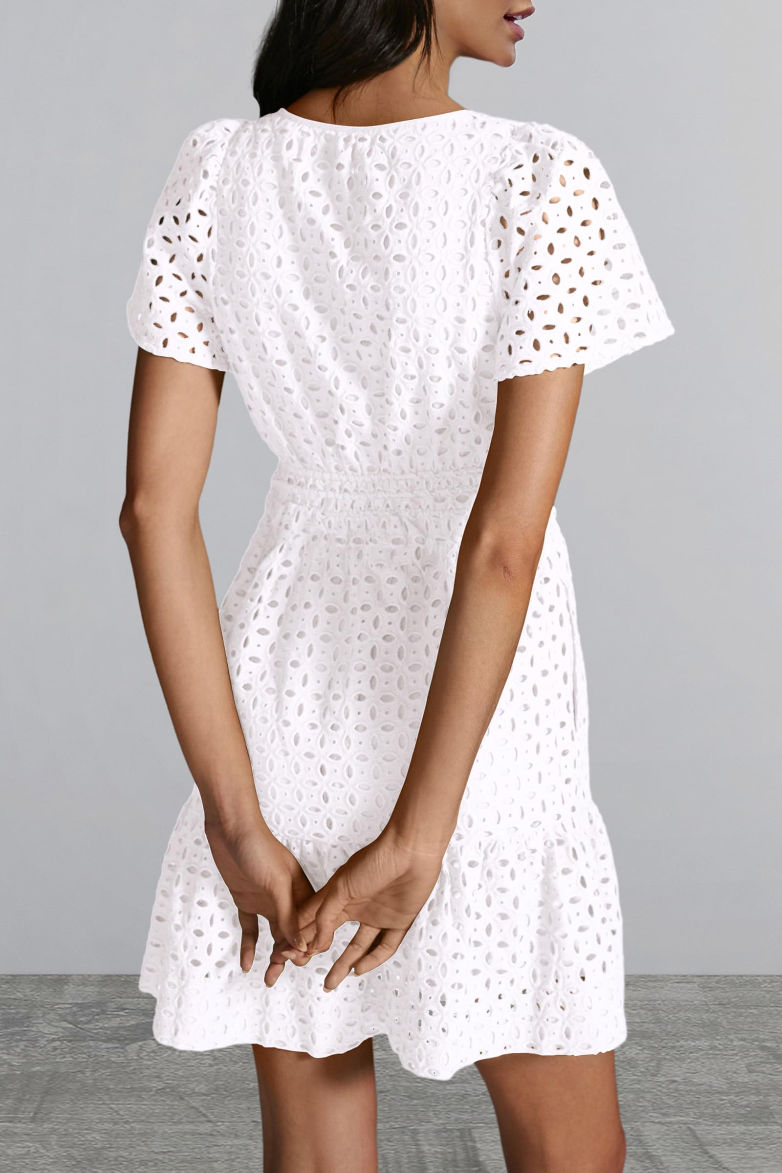 PRETTYGARDEN Women Summer Short Dress V Neck Short Sleeve A Line Hollow Out Lace Ruffle Cute Casual Beach Party Dresses