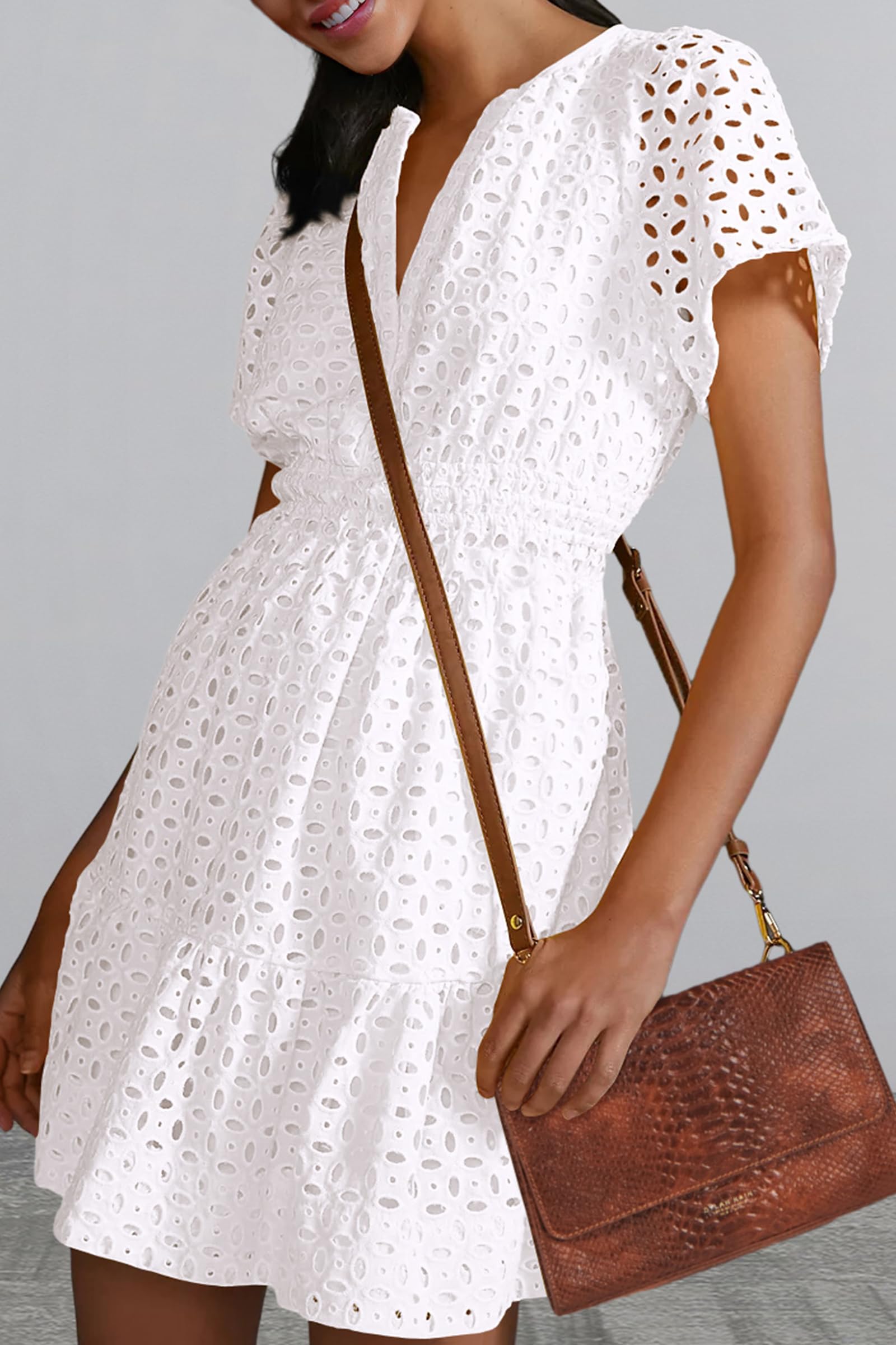 PRETTYGARDEN Women Summer Short Dress V Neck Short Sleeve A Line Hollow Out Lace Ruffle Cute Casual Beach Party Dresses