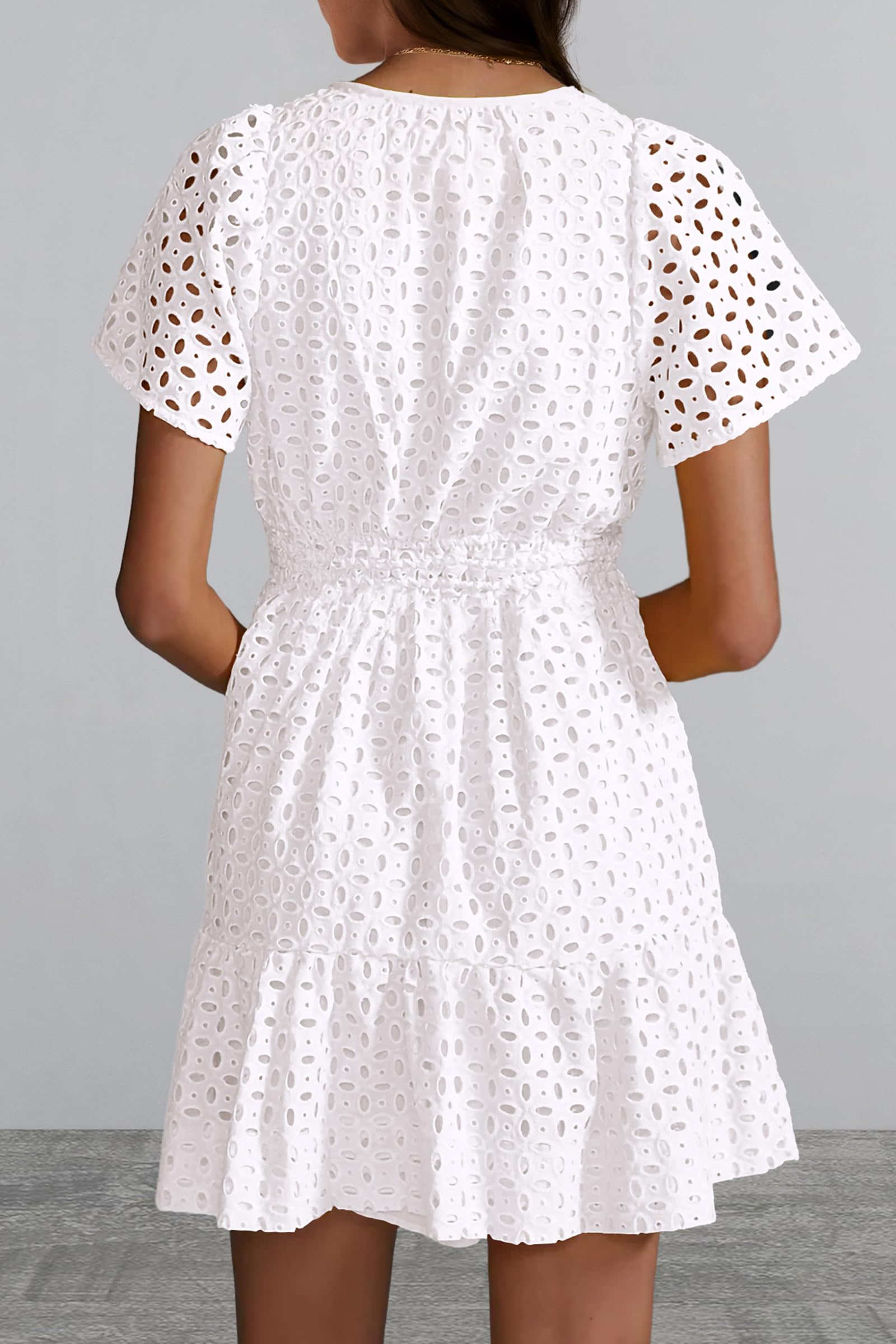 PRETTYGARDEN Women Summer Short Dress V Neck Short Sleeve A Line Hollow Out Lace Ruffle Cute Casual Beach Party Dresses
