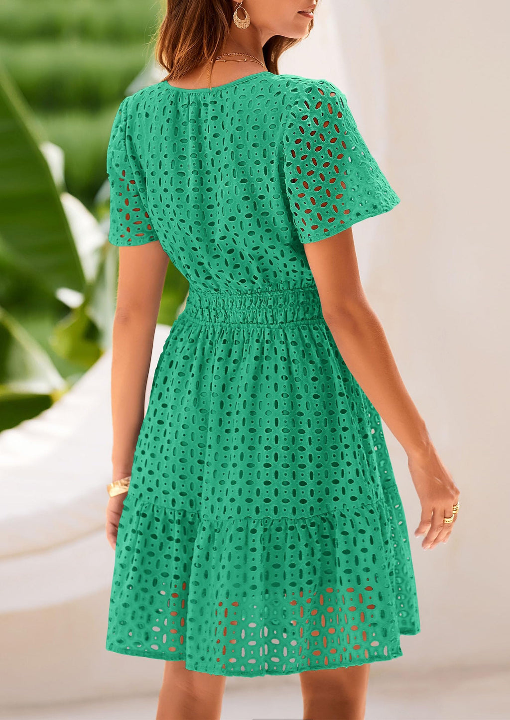 PRETTYGARDEN Women Summer Short Dress V Neck Short Sleeve A Line Hollow Out Lace Ruffle Cute Casual Beach Party Dresses