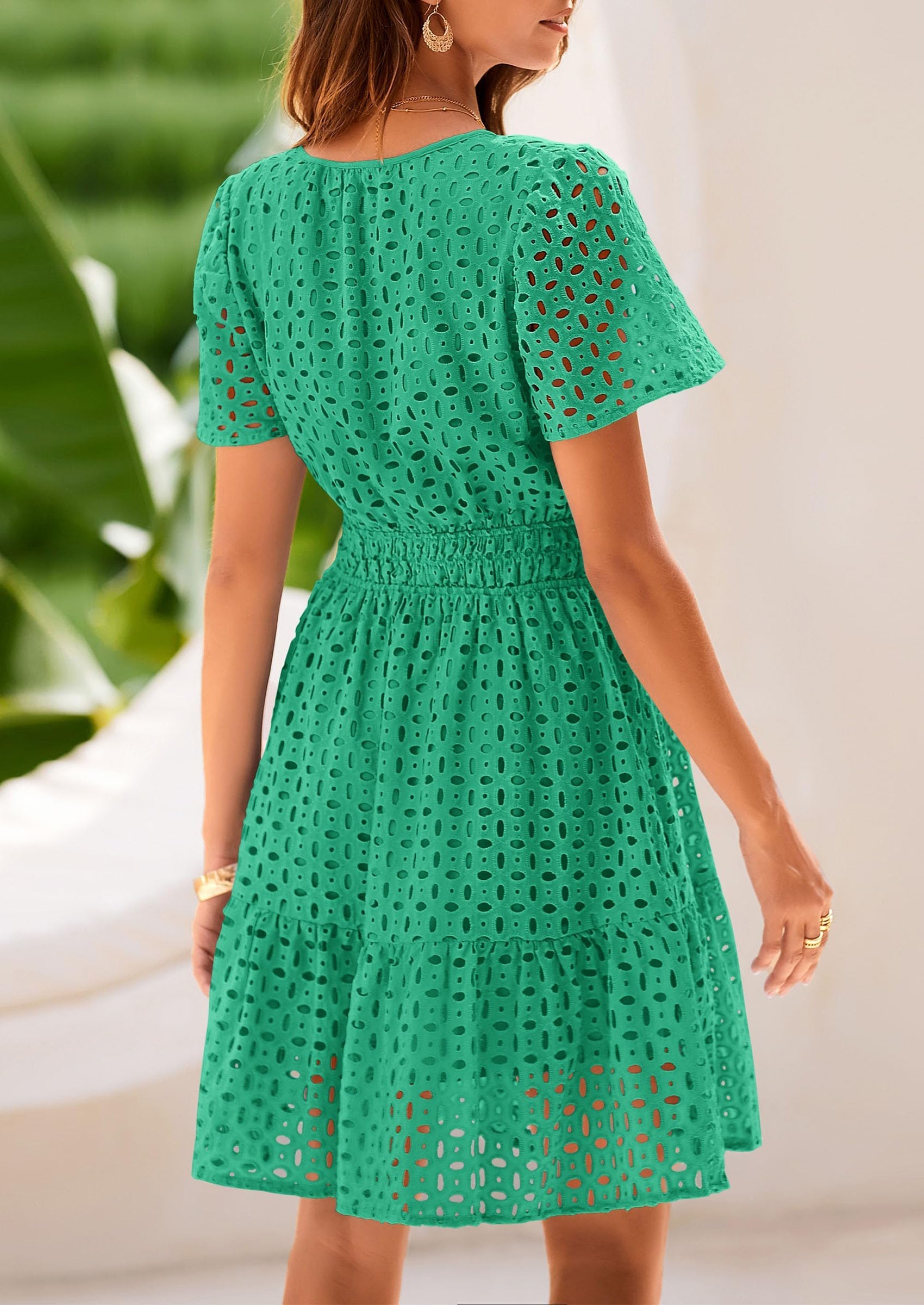 PRETTYGARDEN Women Summer Short Dress V Neck Short Sleeve A Line Hollow Out Lace Ruffle Cute Casual Beach Party Dresses