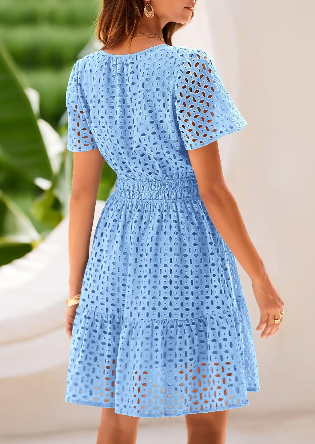 PRETTYGARDEN Women Summer Short Dress V Neck Short Sleeve A Line Hollow Out Lace Ruffle Cute Casual Beach Party Dresses