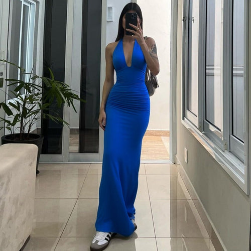 Solid Color Sleeveless  V neck Halter Strap Backless Dress