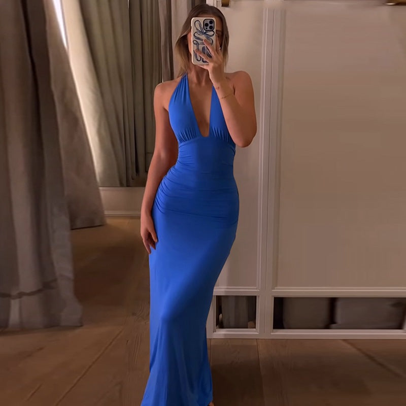 Solid Color Sleeveless  V neck Halter Strap Backless Dress