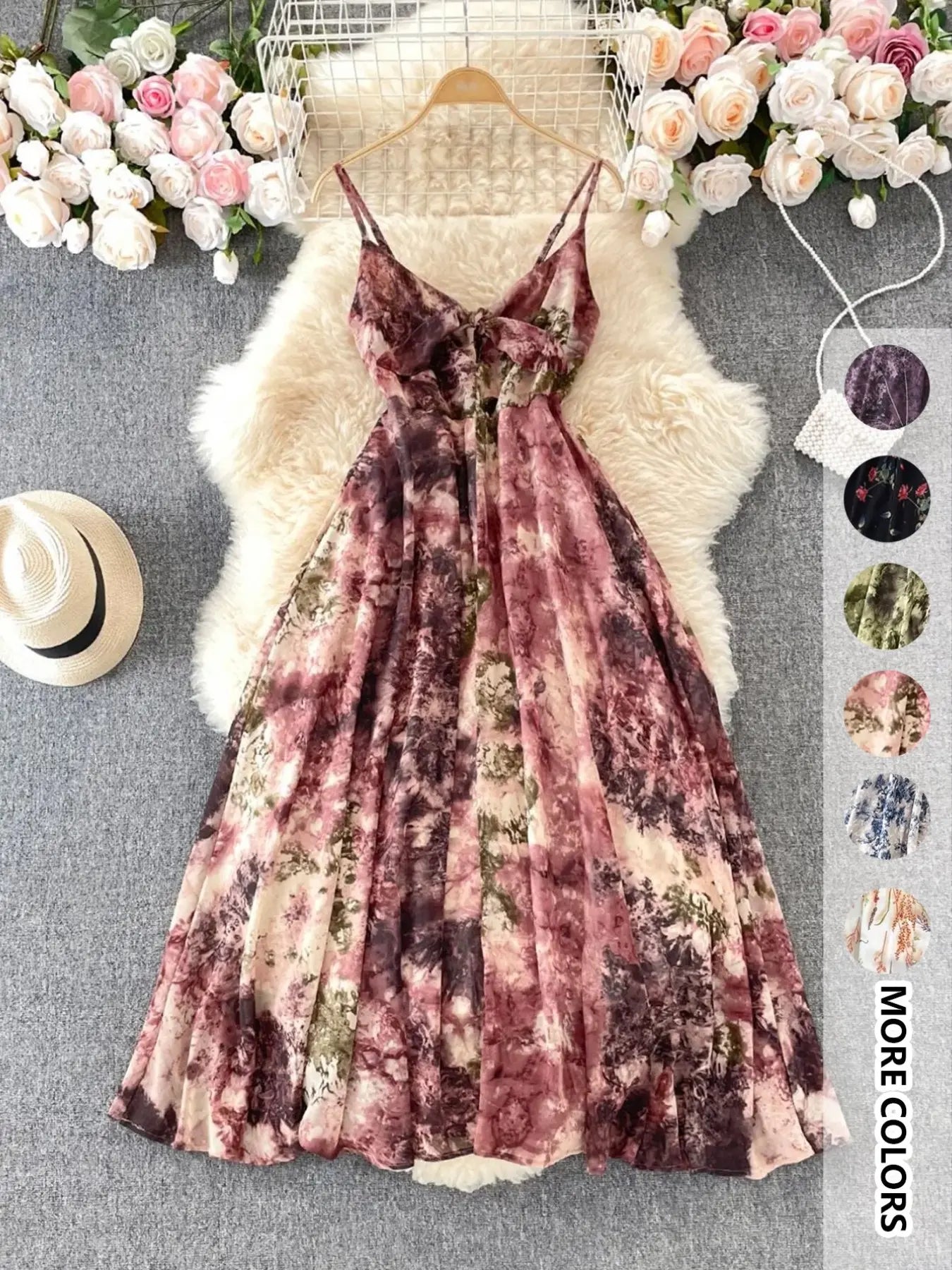 Chicbeautyy Women's Boho Style Floral-Print Spaghetti Strap Cami Dress